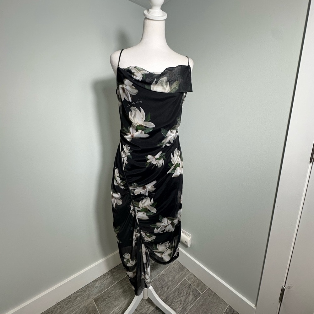 All Saints Midi Floral Asymmetrical Ulla Alessandra Black Sleeveless Dress Sz8 - Picture 5 of 17